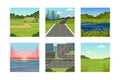 Set of natural landscapes. Park, meadow, lake, river, cityscape scene with road summer background vector illustration Royalty Free Stock Photo