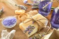Set of natural lavender body care products on table elevated Royalty Free Stock Photo