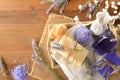 Set of natural lavender body care products on wooden table Royalty Free Stock Photo