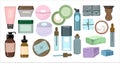 A set of natural organic cosmetics in tubes, bottles, jars, and bubbles for skin beauty in a fashionable, simple, hand