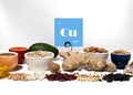 Set of Natural products sources of copper. Food containing Cu. Cardboard sign with the inscription.