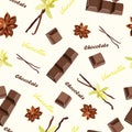 set of natural vanilla flowers and sticks, chocolate slices and satr anis, seamless vector illustration for textile Royalty Free Stock Photo