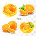 Set of natural whole orange fruits with half and green leaves isolated on white background. Transparent splash of fresh squeezed Royalty Free Stock Photo