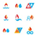 Set of nature power symbols, composition of water and fire elements. Vector illustrations for use in advertising. Royalty Free Stock Photo