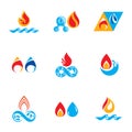 Set of nature power symbols, composition of water and fire elements. Royalty Free Stock Photo