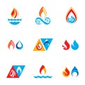 Set of nature power symbols, composition of water and fire elements. Vector illustrations for use in advertising. Royalty Free Stock Photo