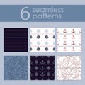 Set of 6 nautical backgrounds in dark blue, light blue, red and white colors.