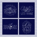 Set of nautical banners. Pirate, captain, whale, ship in a bottle. Summer labels with quotes. Brutal style. Sketch art.