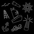 Set of nautical elements ship, lighthouse, rudder, anchor. Black and white