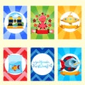 Set of nautical and marine banners and flyers. Card templates in green, navy blue, red and yellow colors with place for text. Royalty Free Stock Photo