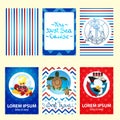 Set of nautical and marine banners and flyers. Card templates in white, navy blue and red colors with place for text. Vector Royalty Free Stock Photo