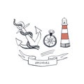 Set of nautical naval elements with anchor, compass and lighthouse. Marine handsketched icons. Vector