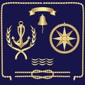 Set of nautical symbols anchor, ropes, compass, waves.