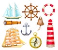 Set of nautical symbols. watercolor hand drawn vector Royalty Free Stock Photo