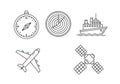 Set of navigation icons including compass, radar, ship, airplane, and satellite on white background Royalty Free Stock Photo