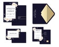 Set of Navy Blue Wedding Invitation Card Decoration with flowers and Gold line. Royalty Free Stock Photo