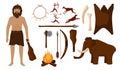 Set neanderthal. Different tools for caveman hammer, axe, spear, bow, arrow, stick, necklace, bone, campfire, animal, mammoth