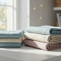 A set of neatly folded, pastel-colored fabrics is arranged on a white surface. The Royalty Free Stock Photo