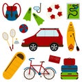 A set of necessary things to travel by car. Backpack, fins, diving mask, lifebuoy, map, badminton, ball, sup, sleeping bag, bike,