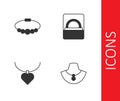 Set Necklace on mannequin, Bracelet jewelry, with heart shaped and Diamond engagement ring box icon. Vector Royalty Free Stock Photo