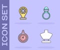 Set Necklace on mannequin, Jewelry store, Pocket watch and Diamond engagement ring icon. Vector Royalty Free Stock Photo