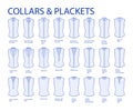 Set of necklines of collars and plackets, stand, mandarin, baseball necks clothes tops, shirts blouses technical fashion