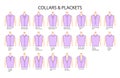 Set of necklines of collars and plackets, stand, mandarin, baseball necks clothes tops, shirts blouses technical fashion