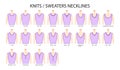 Set of necklines knits and sweaters clothes - collars, tops, blouses, dresses crew neck technical fashion illustration