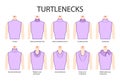 Set of necklines turtlenecks clothes sweaters, tops ribbed, knit, funnel neck technical fashion illustration with fitted