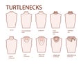 Set of necklines turtlenecks clothes sweaters, tops ribbed, knit, funnel neck technical fashion illustration with fitted