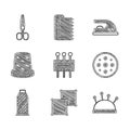 Set Needle for sewing, Textile fabric roll, bed and needles, Sewing button, thread spool, Thimble, Electric iron and Royalty Free Stock Photo