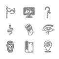 Set Nefertiti, Papyrus scroll, Eye of Horus, Egypt mummy in sarcophagus, Snake, Crook and Flag Of icon. Vector