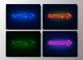 Set neon arrows. Colorful Neon sign with a Brick Wall Background, icons, banners with multicolour flash led light, Royalty Free Stock Photo