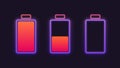 Set of neon battery charge level indicators. Vector illustration.