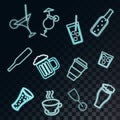 A set of neon bright glowing icons for a bar of cocktails, beer, glasses, coffee, tea, mugs, bottles of whiskey on a translucent