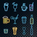 A set of neon bright glowing icons for a bar of cocktails, beer, glasses, coffee, tea, mugs, bottles of whiskey on a translucent