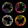 Set of neon colored round curve glowing circles with wavy dynamic lines isolated on black background. Circular frame Royalty Free Stock Photo
