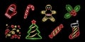 Set of neon Cristmas icons isolated on black background. Christmas tree, holly, stocking, candy-cane, mitten, gingerbread man.