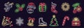 Set of neon Cristmas icons isolated on dark brick wall background. Gift box, christmas tree, Santa, angel, snowflake, stocking, Royalty Free Stock Photo