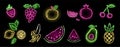 Set of neon fruit icons isolated on black background: Apple, watermelon, banana, pineapple, avocado, cherry, strawberry