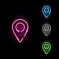 Set of neon geo location pin icon in four different colours isolated on black background. Square textplace template Royalty Free Stock Photo