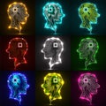 Set of neon human head. Cpu. Circuit board Royalty Free Stock Photo