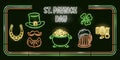 Set of neon icons for St. Patricks Day concept. Isolated on dark background. Designe elements for banner, flyer, logo, greeting Royalty Free Stock Photo