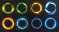 Set of neon light effects isolated on transparent background. Yellow, green, and blue circles and waves, abstract speed Royalty Free Stock Photo