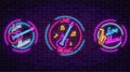 Set of neon live music symbols with circle frames. Three live music signs with guitar, saxophone, notes.