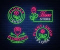 Set of neon logos Flower shop, Plants, Florist, Flora emblem, collection of neon signs. Template design element for