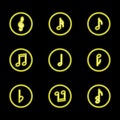 Set of neon music notes icons. Dark background. Design elements. Glowing night signboards concept Royalty Free Stock Photo