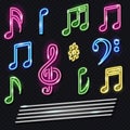 Set of neon music notes icons. Isolated on dark background. Design elements. Glowing night signboards concept. Vector illustration Royalty Free Stock Photo