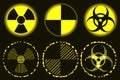 Set of neon nuclear hazard, quarantine and biohazard symbols