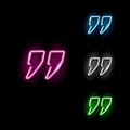 Set of neon quotes marks in different color isolated on black background. Quotation, refer, mention concept. Night signboard style